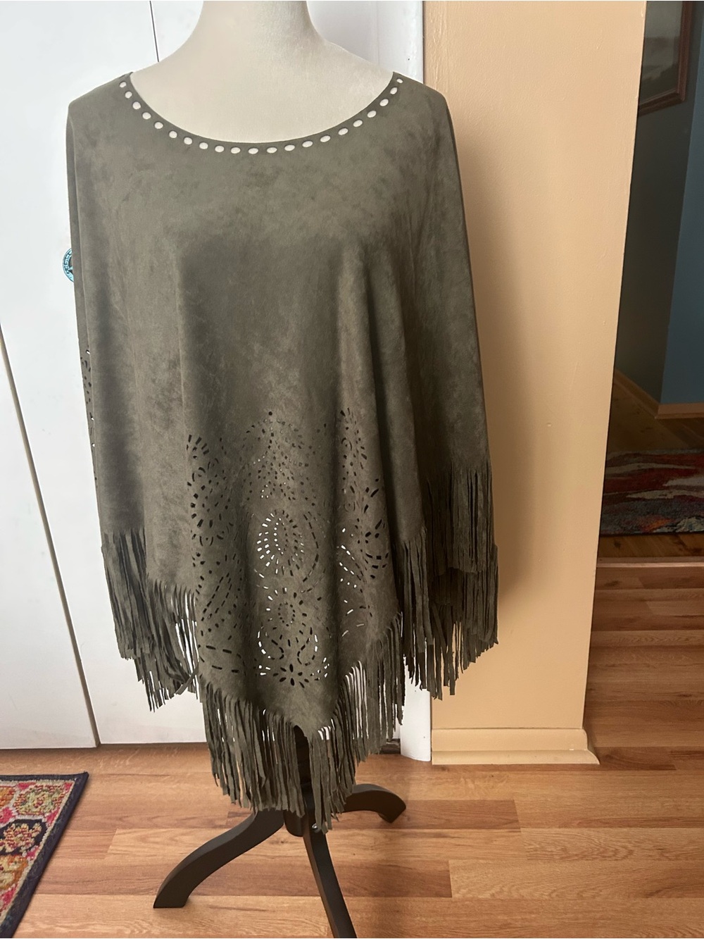 Olive Green Fringe Suede-Look Poncho - Unbranded